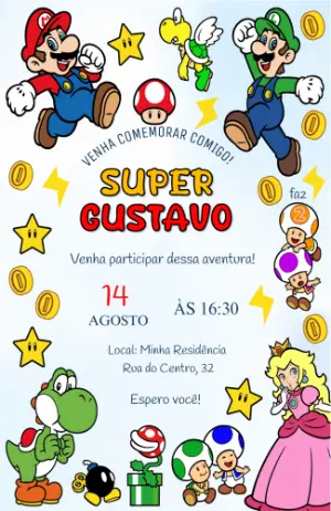 Convite de Aniversário Super Mario Colorido para Editar