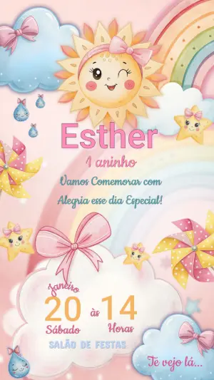 Convite de Aniversário Infantil Sol e Arco-íris Editável