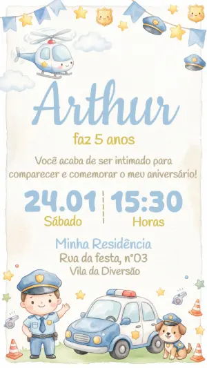 Convite Digital Policial Infantil em Aquarela Editável