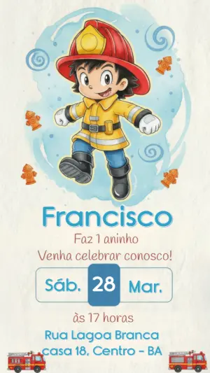 Convite de Aniversário Infantil Tema Bombeiro para Editar