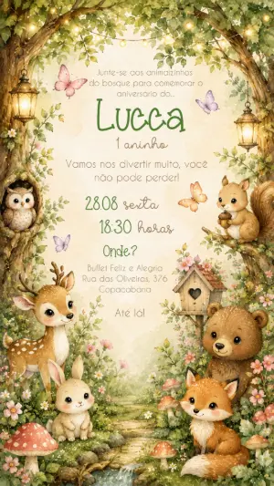 Convite de Aniversário Bosque Encantado Aquarela Editável