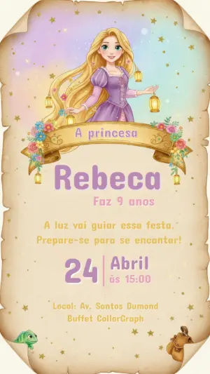 Convite de Aniversário Rapunzel Estilo Pergaminho para Editar