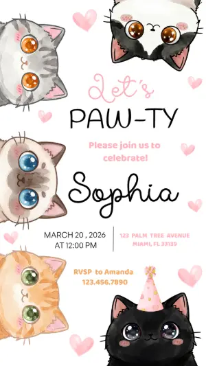 Cute Cat 'Paw-ty' Birthday Invitation Editable Template