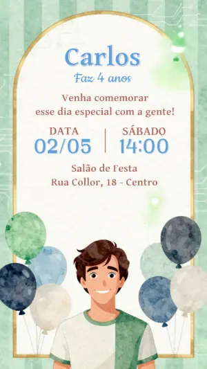 Convite de Aniversário Menino Ilustrado Verde e Azul Editável