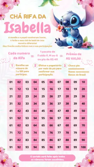 Chá Rifa Stitch Rosa Fofo para Editar e Enviar