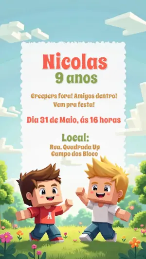Convite Aniversário Jogo de Blocos com Personagens para Editar