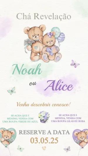 Convite Chá Revelação Ursinhos Lilás e Verde para Editar