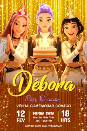 Convite de Aniversário Guerreiras do Kpop Dourado para Editar