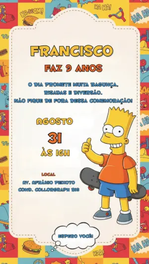 Convite de Aniversário Bart Simpson Colorido para Editar