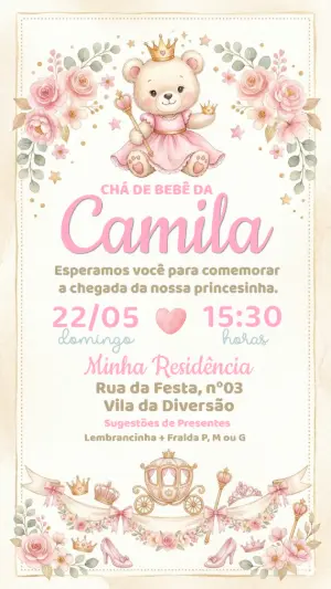 Convite Chá de Bebê Ursinha Princesa Rosa Editável
