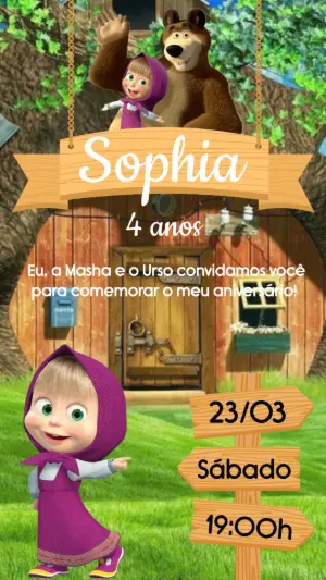 Convite de Aniversário Masha e o Urso Rústico para Editar