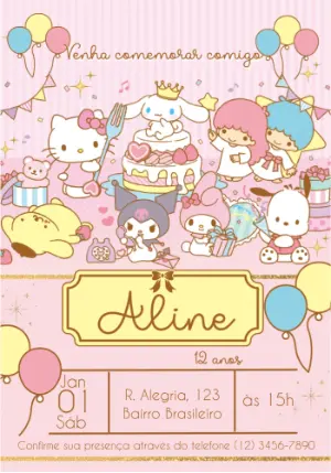 Convite de Aniversário Hello Kitty e Turma para Editar Online
