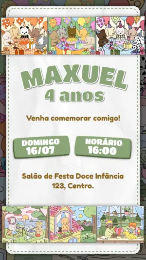 Convite de Aniversário Infantil Fofo com Animais para Editar