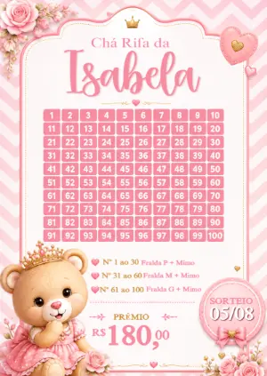 Chá Rifa Ursinha Rosa com Números | Modelo Digital Editável