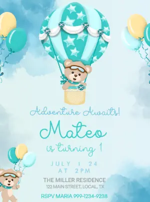 Teddy Bear Hot Air Balloon Birthday Invitation to Edit Online