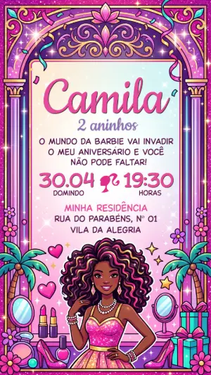 Convite de Aniversário Barbie Negra Glamour Editável