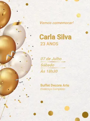 Convite de Aniversário Balões Dourados Editável Online
