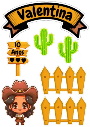Topo de Bolo Aniversário Cowgirl para Editar e Imprimir