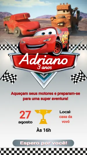Convite Animado Aniversário Carros para Editar Online