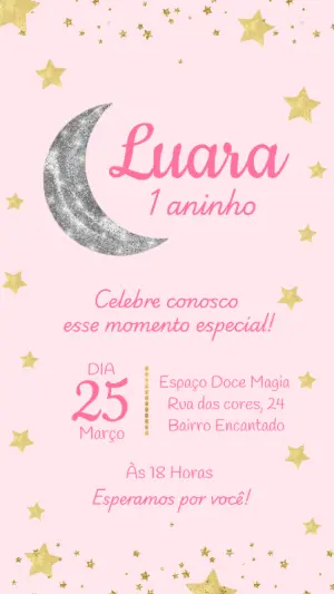 Convite de Aniversário Lua e Estrelas Delicado para Editar