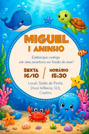 Convite de Aniversário Fundo do Mar Infantil Editável