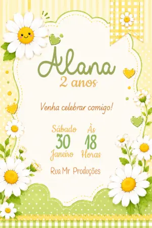 Convite de Aniversário Margaridas Fofo para Editar