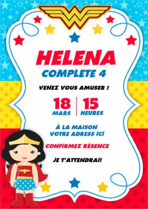 Invitation Anniversaire Wonder Woman pour Fille à Personnaliser