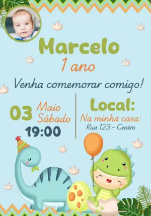 Convite Aniversário Dinossauro Baby com Foto para Editar