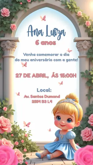 Convite Aniversário Princesa Cinderela para Editar Online
