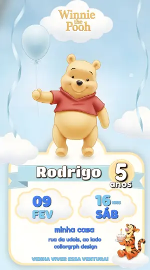 Convite de Aniversário Ursinho Pooh Azul para Editar