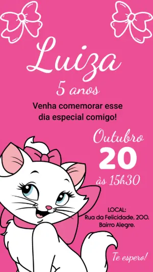 Convite de Aniversário Gatinha Rosa e Branca Editável