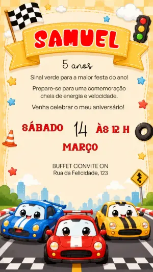 Convite Digital Festa Carros de Corrida Editável