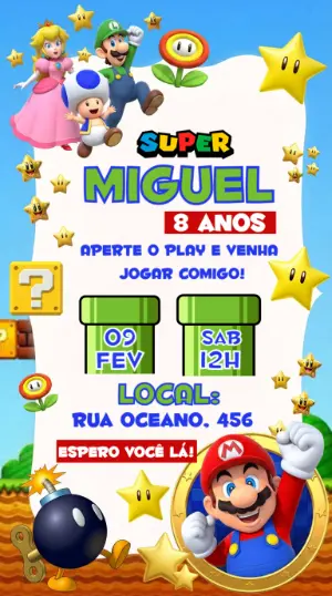 Convite de Aniversário Super Mario Colorido para Editar