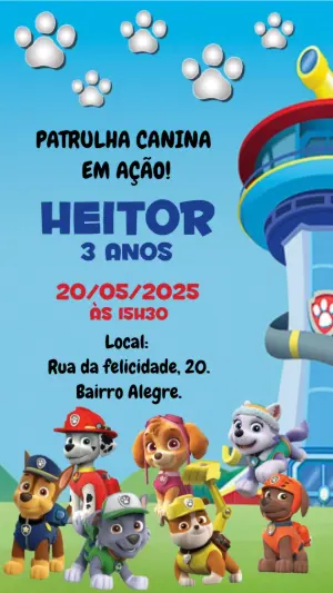 Convite Animado Aniversário Patrulha Canina para Editar Online