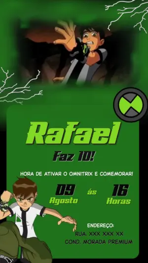 Convite Animado Ben 10 para Aniversário Infantil Editável