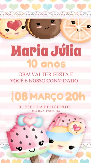 Convite de Aniversário Infantil Tema Doces Kawaii Editável
