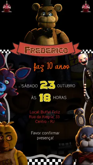 Convite de Aniversário Five Nights at Freddy's Digital Editável