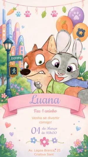 Convite de Aniversário Zootopia Ilustrado para Editar