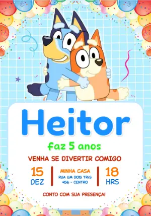 Convite de Aniversário Bluey e Bingo Colorido para Editar