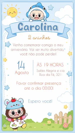 Convite de Aniversário Labubu Fofo para Editar