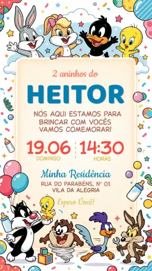 Convite de Aniversário Baby Looney Tunes Editável e Colorido