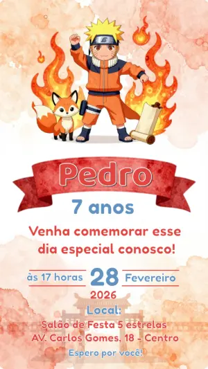 Convite de Aniversário Naruto Fofo em Aquarela para Editar