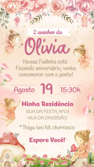 Convite Aniversário Fadas Aquarela para Editar e Enviar