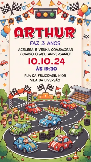 Convite de Aniversário Carros de Corrida Infantil para Editar