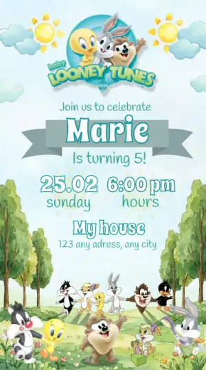 Editable Baby Looney Tunes Birthday Invitation Template
