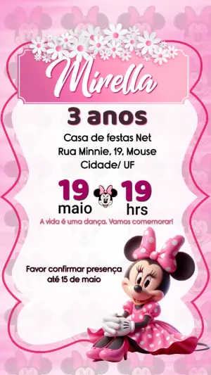 Convite de Aniversário Minnie Rosa Infantil Modelo Editável