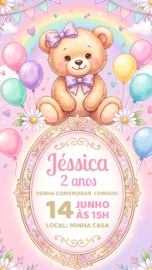 Convite de Aniversário Ursinha Aquarela Rosa Editável