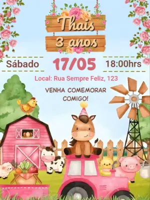 Convite Aniversário Fazendinha Menina Rosa para Editar Online