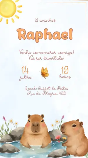 Convite de Aniversário Capivara Aquarela para Editar
