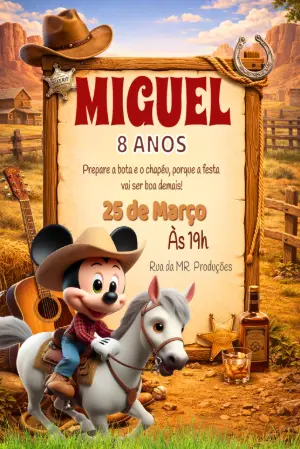 Convite Animado Aniversário Cowboy Mickey para Editar